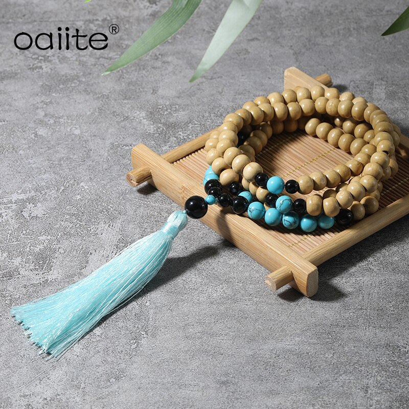 OAIITE Blue Tassel Wood Beads Statement Necklace Bohemian Ethnic Vintage Nature Stone Long Charm Necklace For Women Men