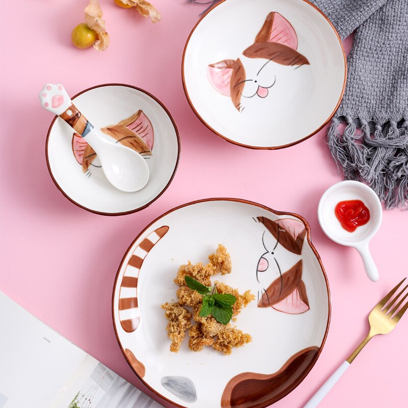 Cute Cat Ceramic Dinner Plate Dish Bowl Spoon Set Cartoon Porcelain Food Container Kids breakfast Dinnerware Set