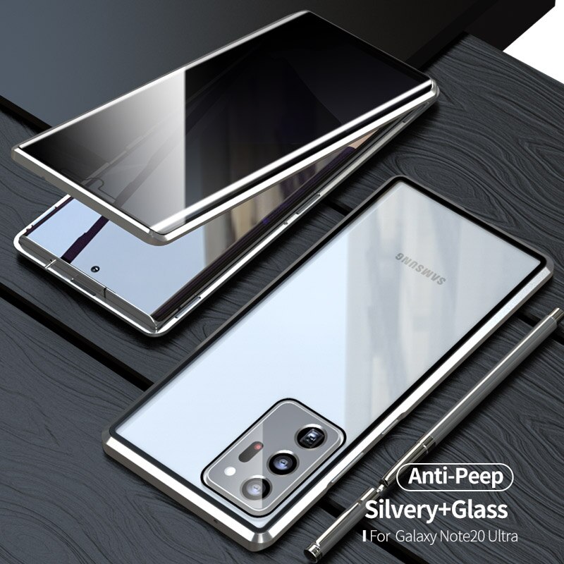 Adsorbimento magnetico Privacy Cassa di Vetro Per Samsung galaxy Note 20 Ultra Caso di Doppio Vetro Laterale In Metallo Telaio di Copertura di Protezione: For Note 20 Ultra / Silver