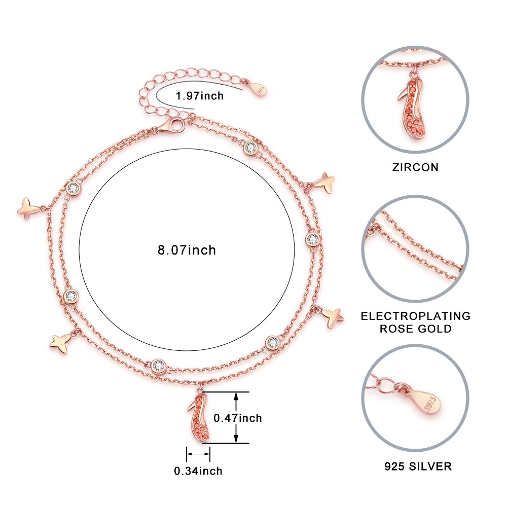 925 Sterling Silber Fußkettchen Rose Gold Schmetterling hoch Fersen Footchain Süße Doppel-schicht für Frauen murmeln Feine Schmuck freies schiff