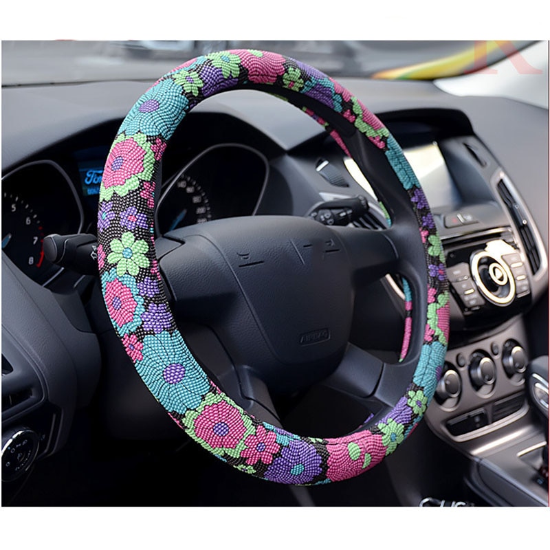 Housse de volant de voiture | Imprimé de fleurs à la , mignon housse de volant de voiture, housse de guidon en cuir pour l'intérieur de la voiture, accessoires antidérapants