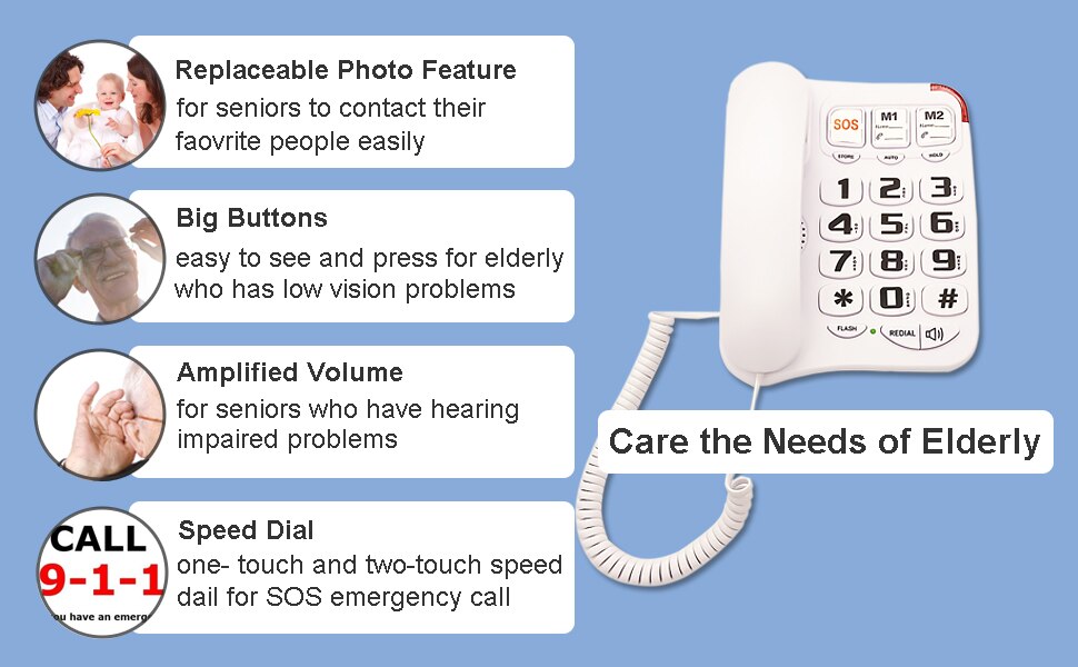 KerLiTar P45W Big Button Corded Phone with 3 One-Touch Speed Dial Picture Care Phone for Seniors Amplified Phone for Hearing Aid