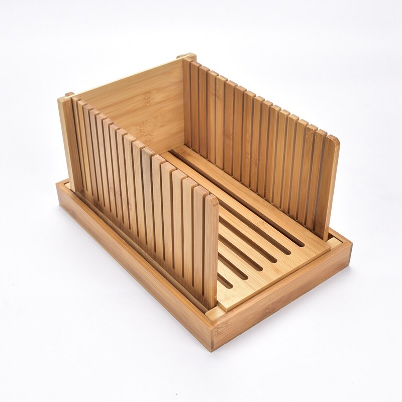 Bamboo Bread Slicer for Homemade Bread Cutting Board with Crumble Holder Tray Adjustable Compact Foldable Loaf Slicer