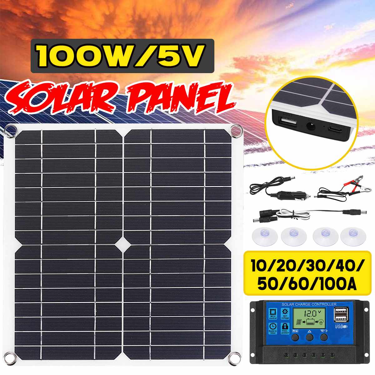 100W Monocrystaline Solar Panel Kit USB Quick Battery Charger 10/20/30/40/50A Solar Controller Folding Waterproof Solar Cell