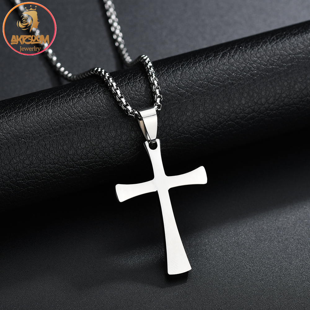 Akizoom 2022 Classic Cross Men Necklaces Stainless Steel Thick Chain Silver Pendant For Women Religious Jewelry