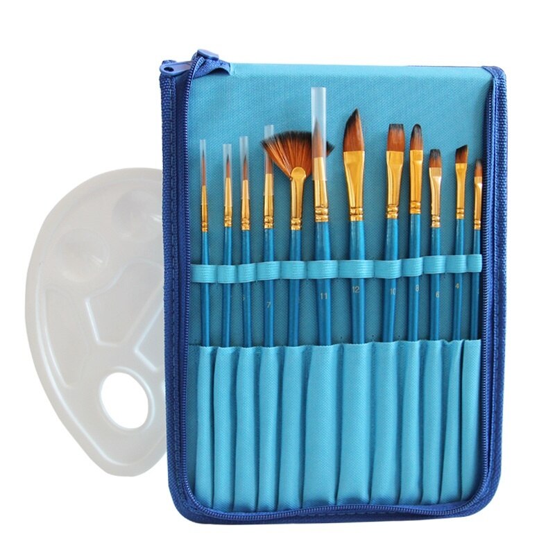 12pcs de Pintura do Artista Escova Conjunto com o Saco de Lona Pintura Paleta de Aquarela Pincel Acrílico Desenho Pintura A Óleo Materiais de Arte: Azul