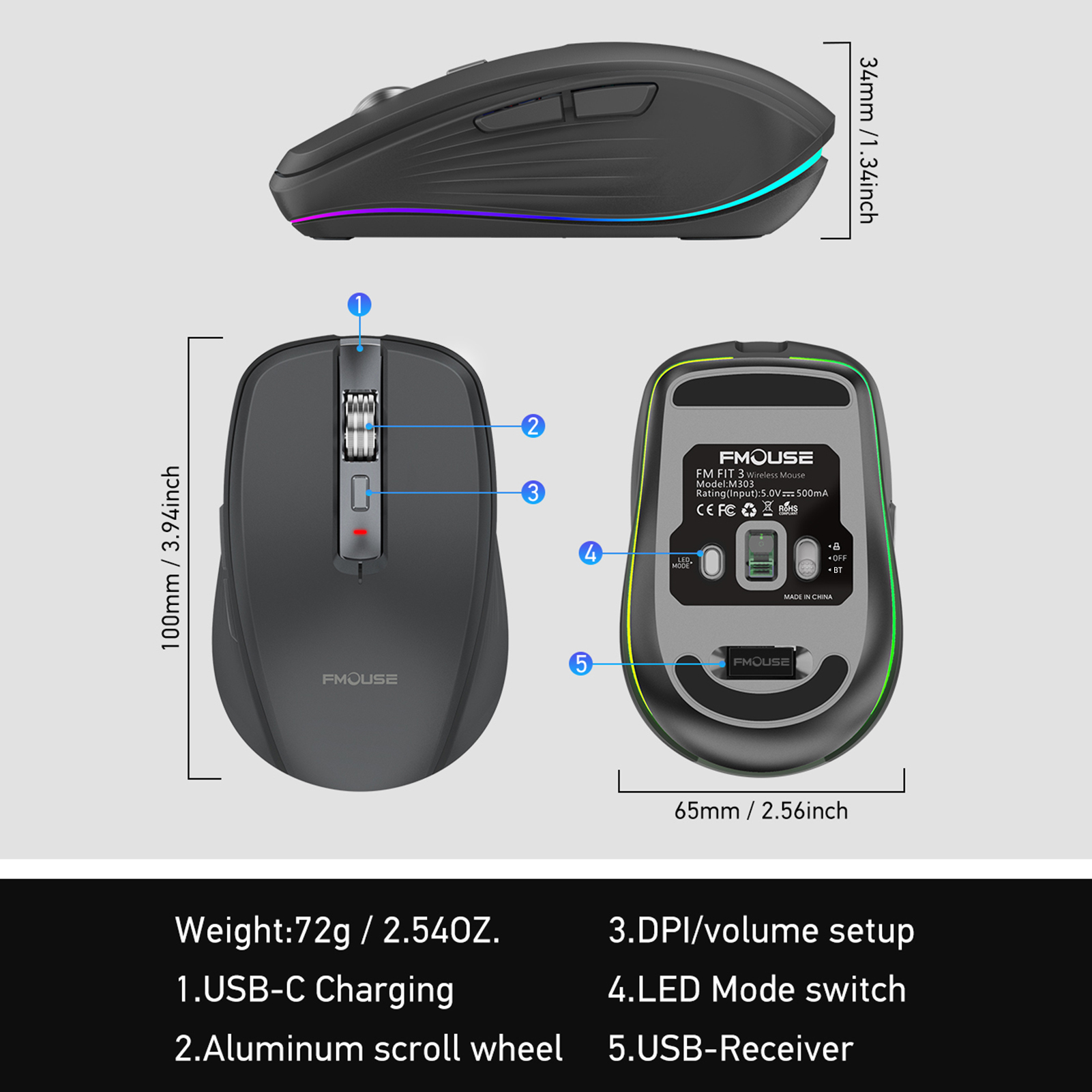 Dual-mode draadloze muis USB2.4G+BT5.1 Type-C oplaadbare gamingmuis Ergonomisch 2400 DPI met RGB-lichtmuizen