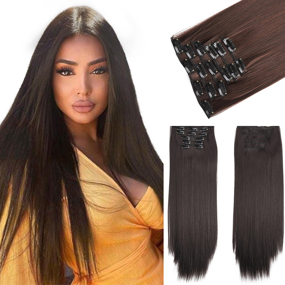 Grampo em extensões de cabelo sintético 24 Polegada longo invisível natural em linha reta 6 pçs grosso sem costura clipe em extensões de cabelo para mulher