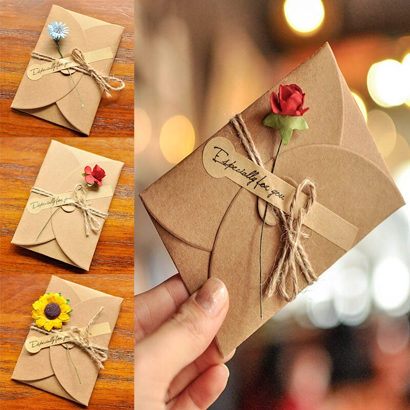 1X Retro DIY Kraft Paper Invitation Greeting Card with Envelope Handmade Dry Flower Wedding Party Cardboard Invitation Envelopes