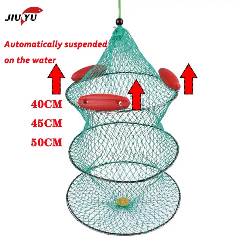 Folding Round Fish Care Drift Net Metal Frame Nylon Mesh Fishing Net 3 Layers+3 Floating Fish Care Drift Net Diameter 40/45/50cm