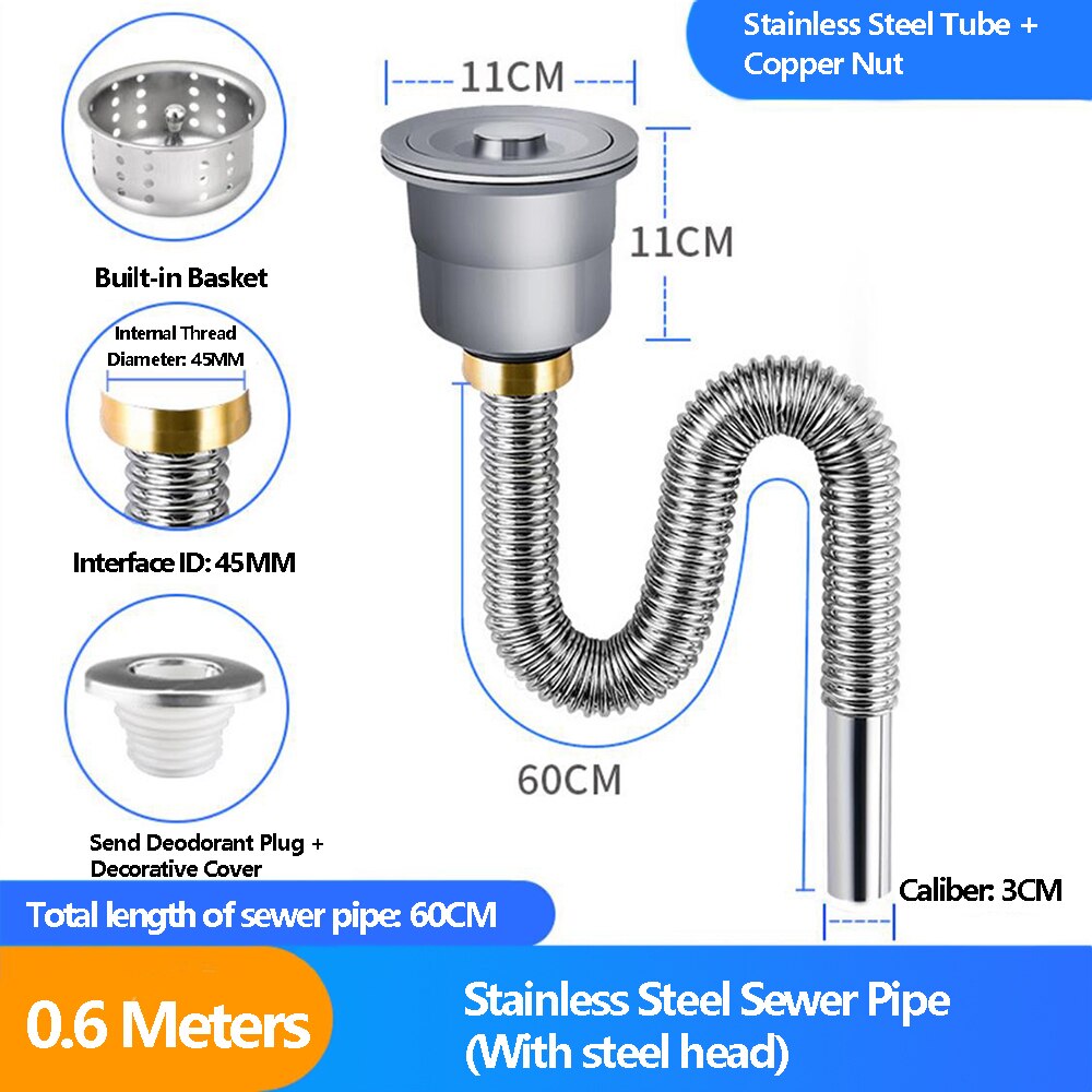 0.6M/0.8M/1M/1.3M Gootsteen Afvoer Slang Gootsteen Fittingen Afdruiprek Afvoer slang Rvs Vaatwasser Zwembad Enkele Tank: 0.6M-No hole H