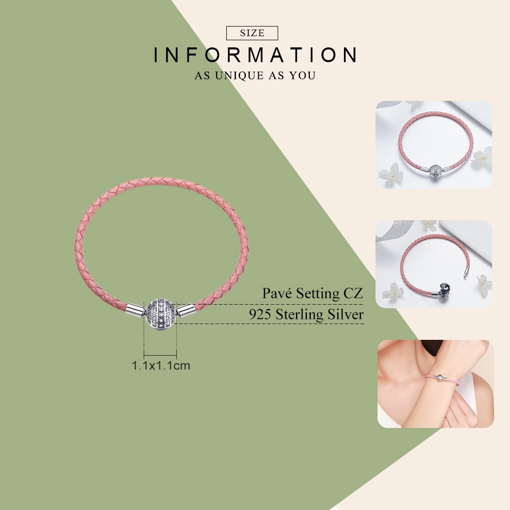 BISAER Real 925 Sterling Silver Pink Rope Leather Bracelets for Women Clear CZ Round Clasp Rope Bracelets Silver Jewelry ECB114