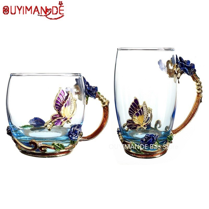 Bleu belle papillon émail tasse à café fleur thé verre tasses boisson chaude et froide thé tasse cuillère ensemble parfait de mariage