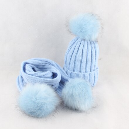 HEALCOLD Jungen Mädchen Hütte Schal einstellen freundlicher Pelz Bommel Mützen Schal Winter Schal Hütte Für freundlicher: Blau Hut Blau Fell