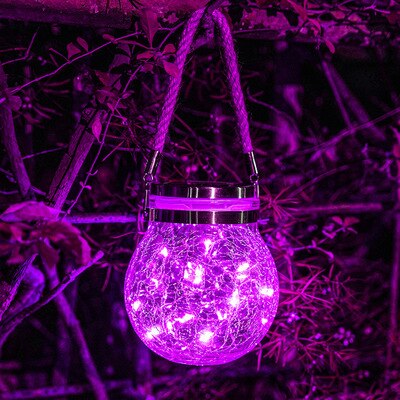 Sol led lampe sprekk hengende lys ball glass krukke lys utendørs hage dekorasjon tre lys kobbertråd lys julelys: Lilla