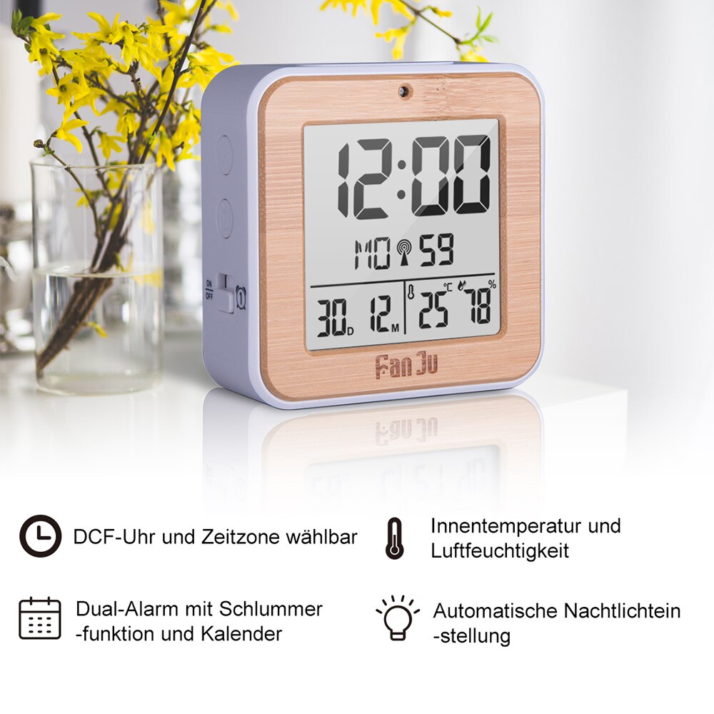 Zwart/Hout DCF Digitale Wekker Thermometer Hygrometer Bureau Tafel Klokken 2 Dagelijkse Alarmen Functie Automatische Backlight