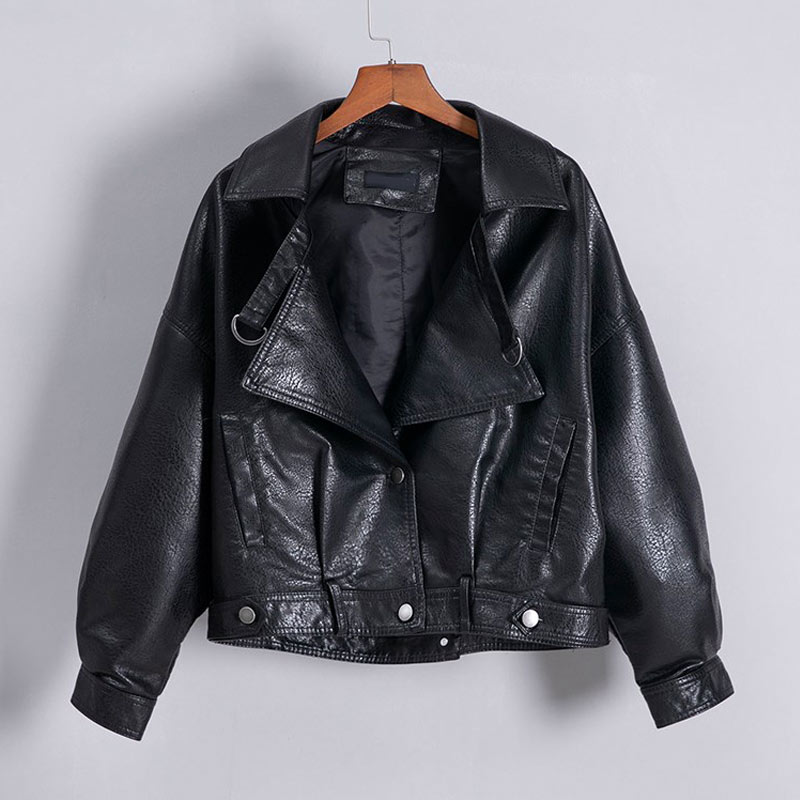 Oversized imitatieleren jas met knopen op de rug, dames motorjas, zwarte biker jaquetas couro casaco chaqueta damesjas: Zwart / Ik
