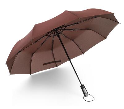 10 Botten volautomatische 3 Vouwen Zakelijke Paraplu Dual-purpose Winddicht Versterking Zwarte Coating Parasol: Bruin