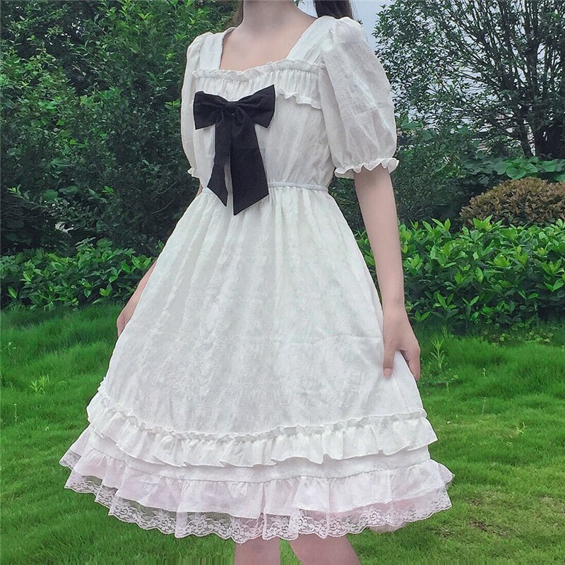 Kawaii mignon Lolita robe blanche noir nœud papillon doux mignon japonais robe victorienne robe kawaii fille gothique lolita