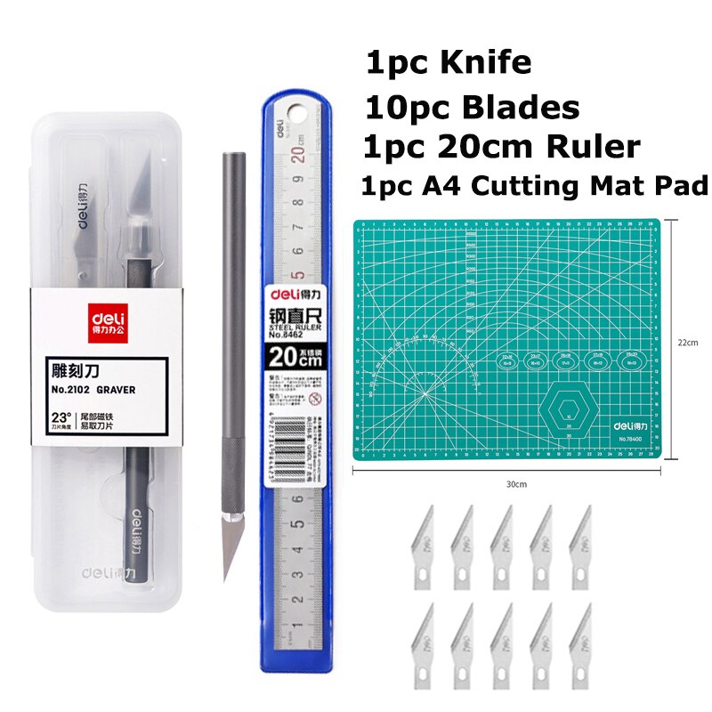 Deli Magnetic Metal Utility Knife Art Carving Knives нож with Blades Ruler Cutting Mat Pad Unboxing Cutter for Office Supplies: 4different Product