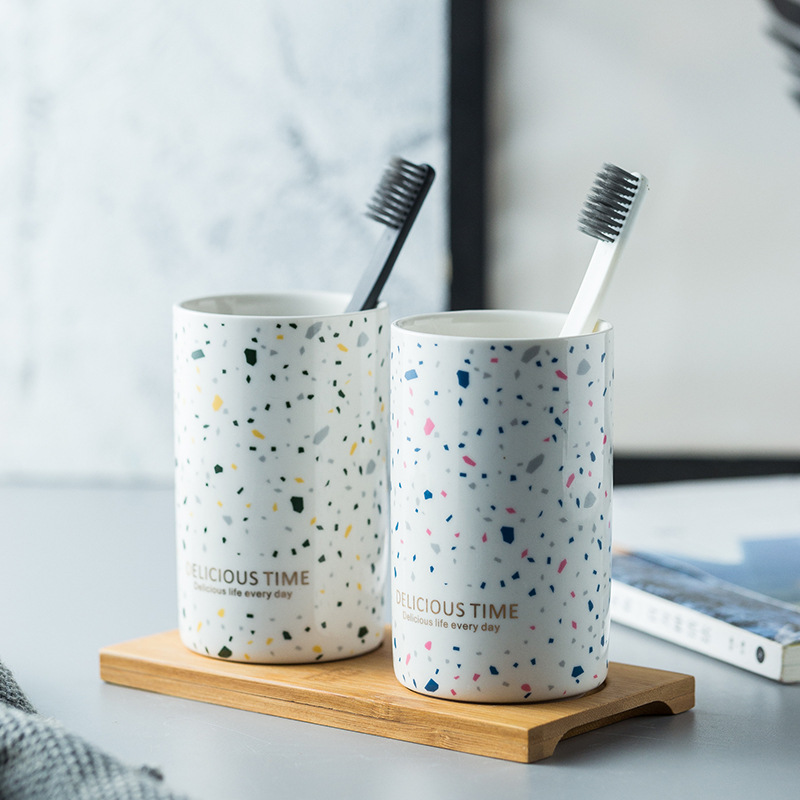 Simpel nordisk keramik vaskekop terrazzo badeværelsessæt tandbørsteholder tandbørste opbevaringsholder: Sæt-a