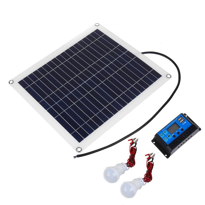 50W Solar Panel 18V +10A USB controller+2PCS 3W 12V Led Light Solar Charger Battery for Camping Car Boat Solar System kits