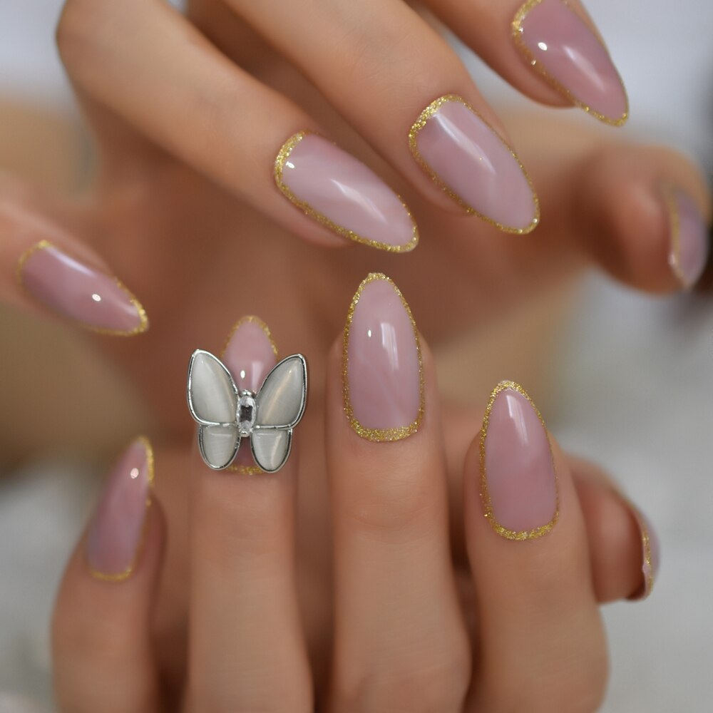 Legeret sommerfugl nail art falske negle marmor medium stilleto tryk på fingernegle med guld streg