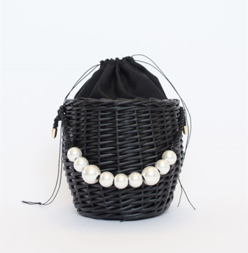 Pärlformad bärbar vävd halmväska rottingpärla liten fräsch strand bucket bag ins tide style grönsakskorg handväska: Svart