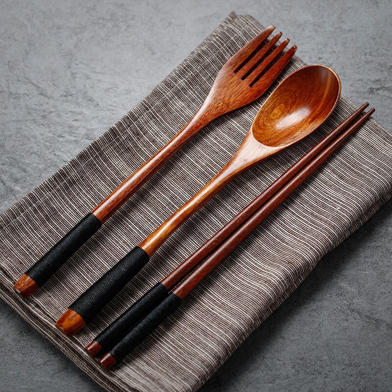 Houten Lepel Vork Eetstokjes Set Draagbare Outdoor Bestek Set Japanse Stijl Servies Set Lange Steel Lepel Houten Servies