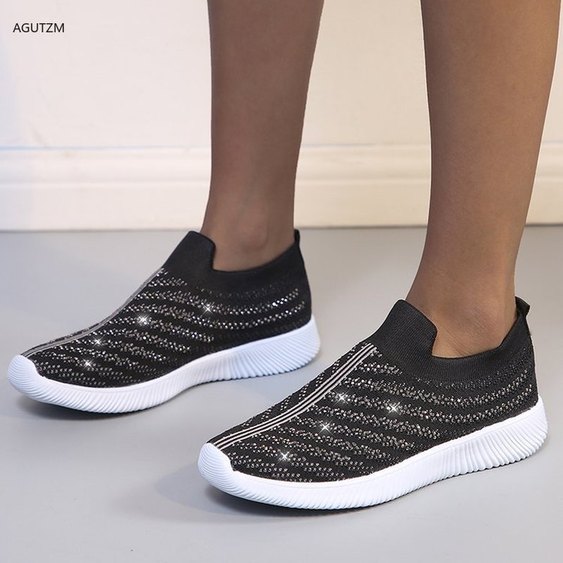 AGUTZM Women's Ladies Ankle Shoes Flat Loafers Crystal Bling Sneakers Casual Ladies Slip On Breathable Casual Shoes h41