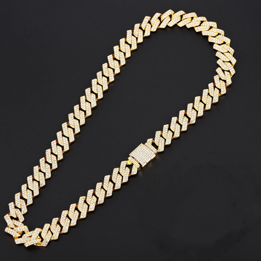 Hip hop 15mm bling gelo para fora de cristal cubana prong chain strass zircão masculino colares pulseira para homem jóias colares: gold / 8inch bracelet