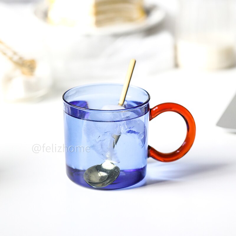 contrast color heat-resistant glass mug hanging ear coffee cup office household water cup high temperature resistance: blue cup with Spoon