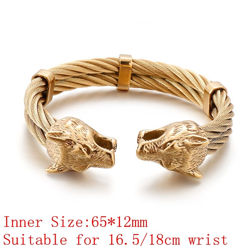 Punk rostfritt stål matt viking varg drake berlock armband man hip hop kabel tråd guld djur manschett armband män smycken: Kb144755- varg