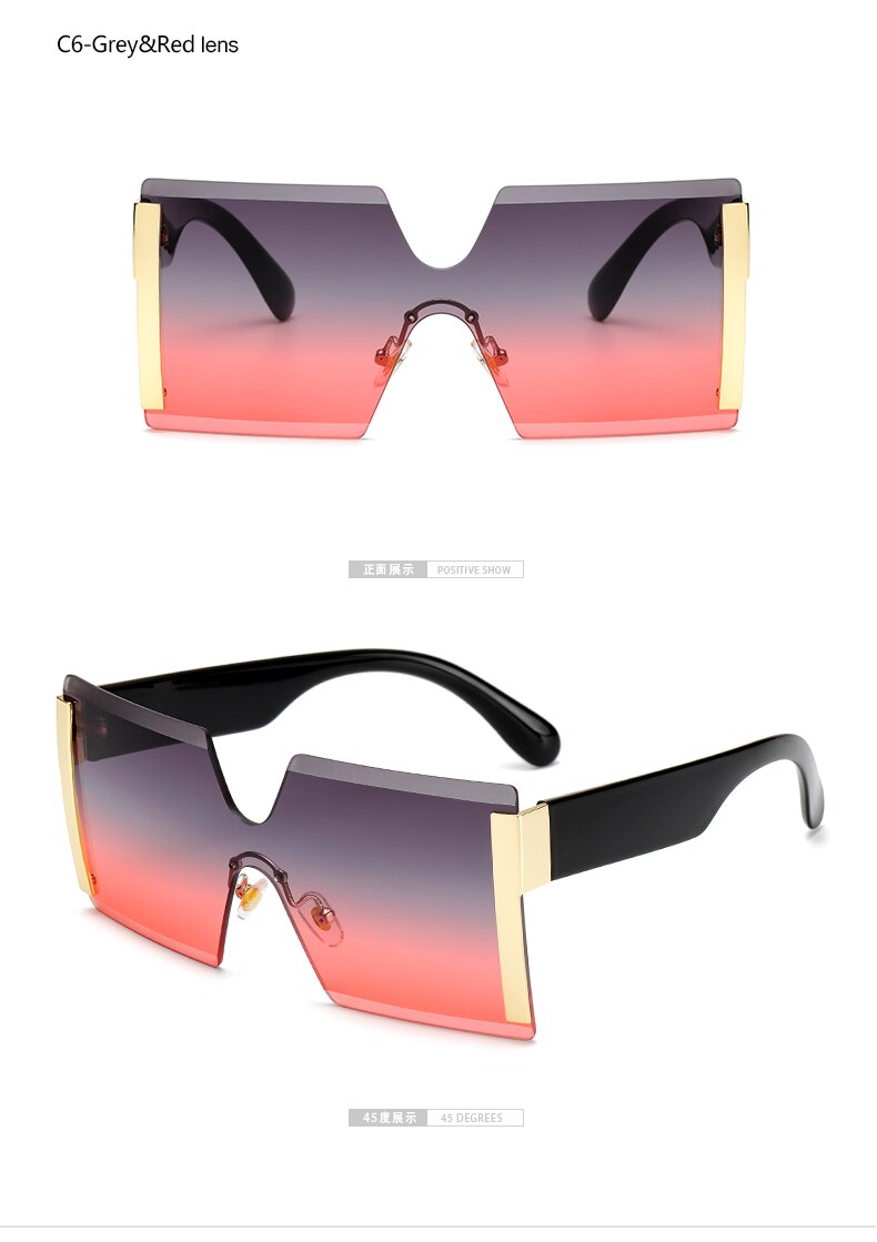 Oversized Square Rimless Sunglasses Women Brand Flat top Big Sun Glasses Female One Piece Travel Gafa de sol 6931: C6 grey red