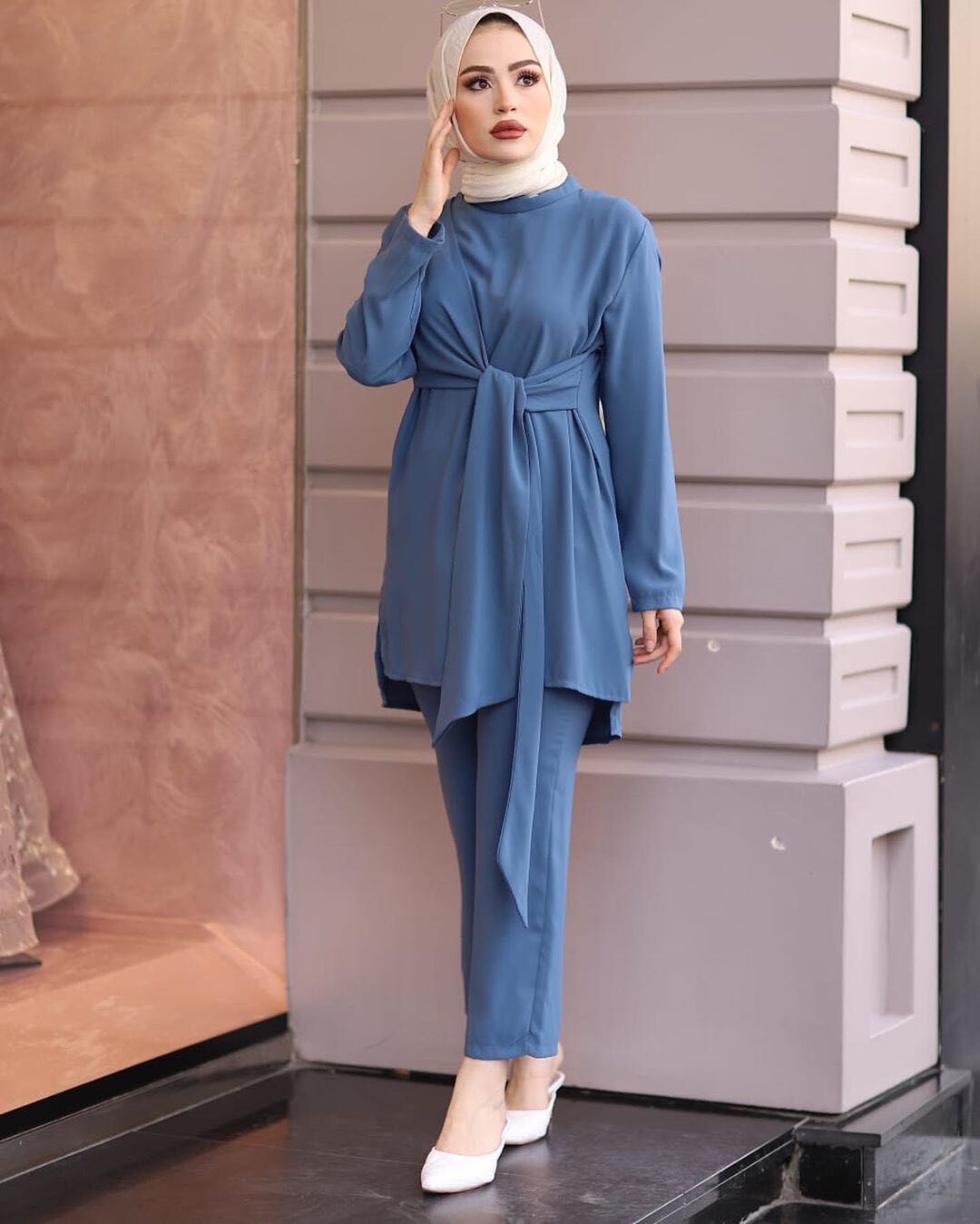 Eid tvådelade muslimska set kvinnor abaya kalkon hijab klänning kaftan marockansk kaftan islam kläder abayas musulman ensembler ramadan: Blå / M