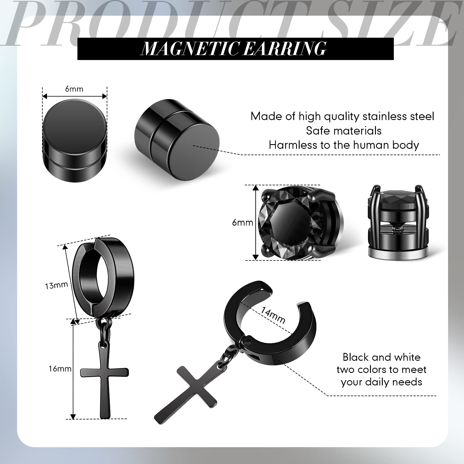 10 paia di orecchini a bottone magnetici in acciaio inossidabile Non penetranti orecchini a cerchio pendenti Clip Unisex su Set di orecchini a magnete CZ