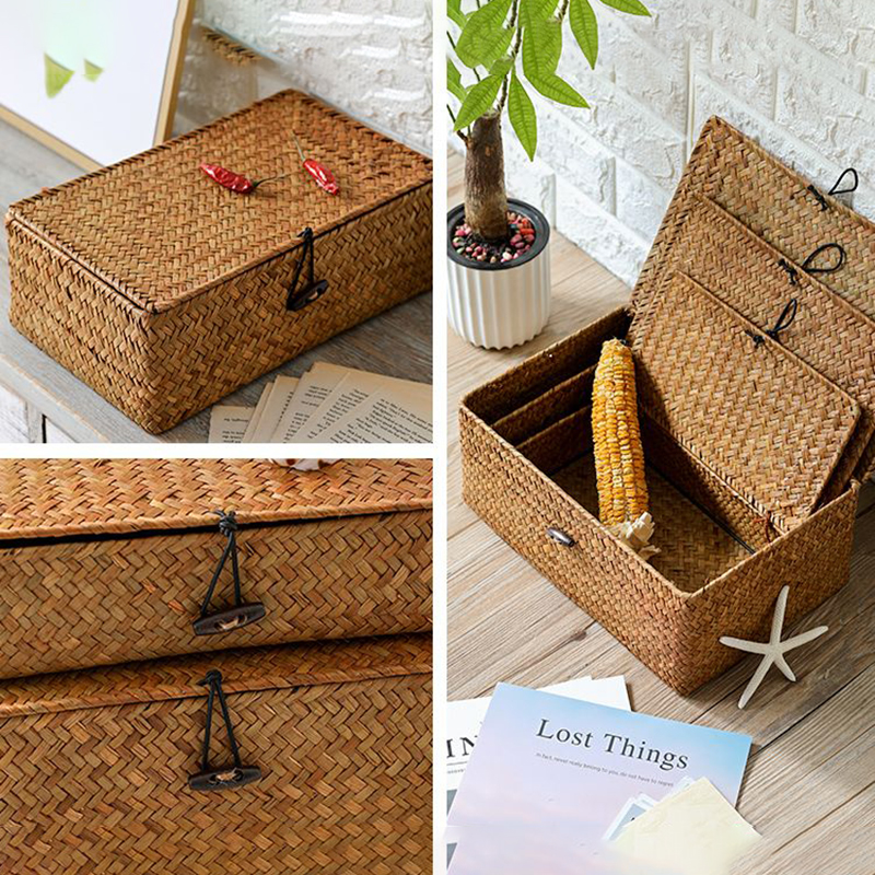 Straw Weaving Storage Box Retro Organizer Furniture Boxes Portable Container Lid Storage Box Multipurpose Accessories Boxes