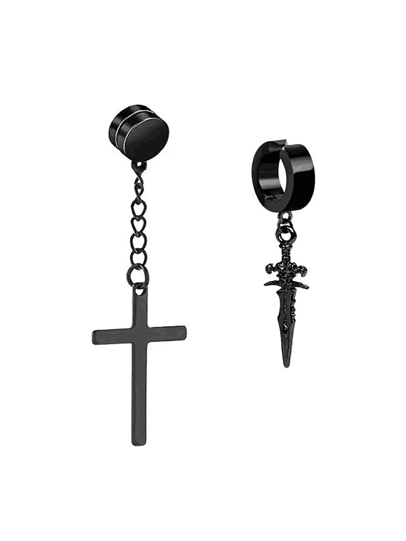 Conjuntos de aretes falsos con imán de acero inoxidable para hombre, conjunto de estrella relámpago cruzado punk, 2-7 Uds.: Bañado en rodio de imitación