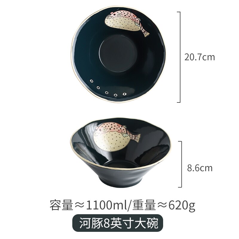 Japansk keramik handmålad katt globefish hushållssoppa nötkött lamian nudlar skål ramen retro sallad porslin tallrik porslin: 2