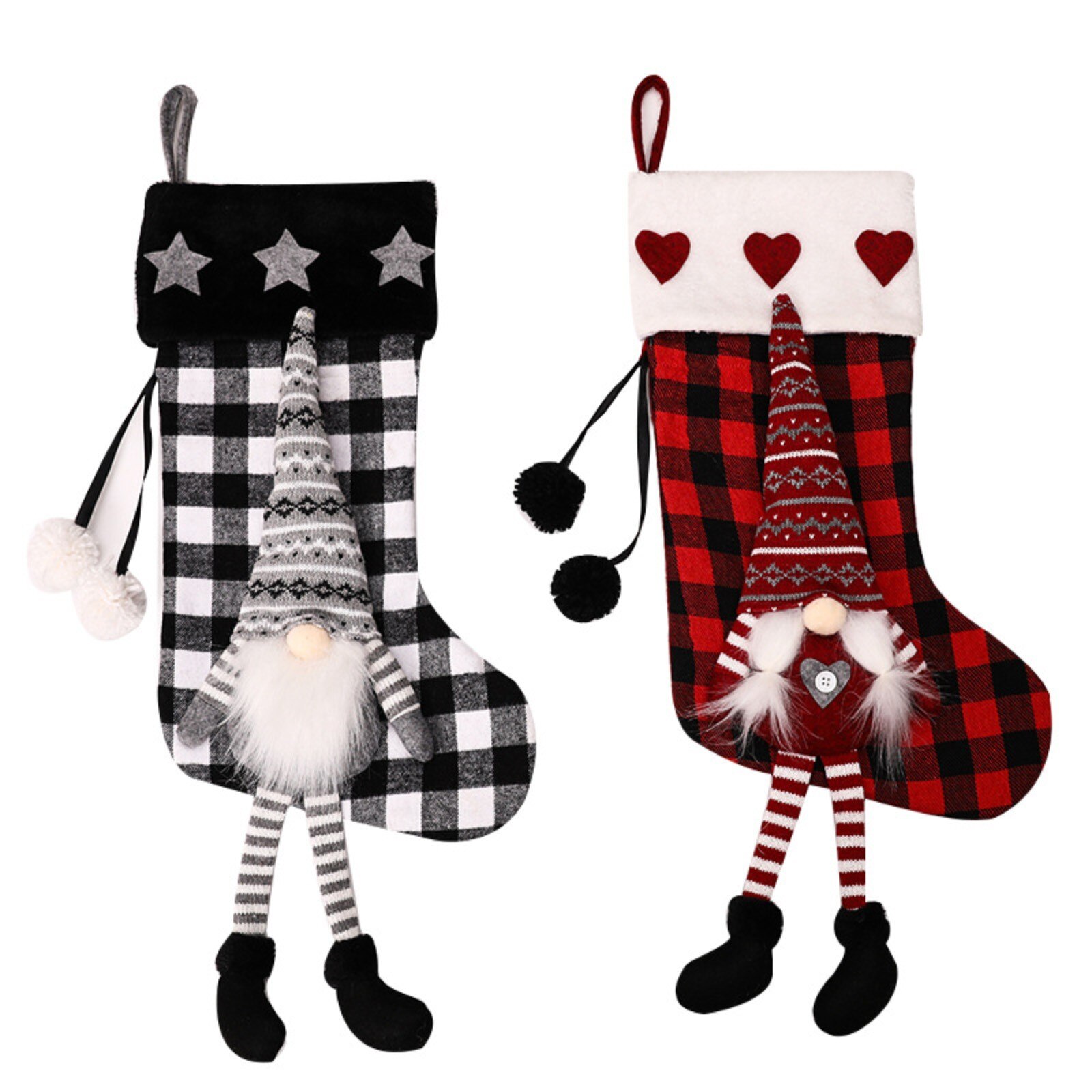 1Pcs Kerstman Pop Kerst Pet Kousen Breien Kerst Decorating Plaid Kous Snoep Kralen Tas Opknoping Ornament