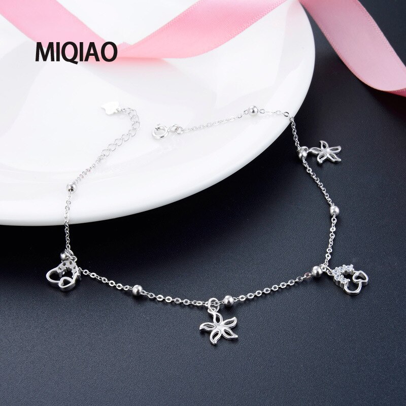 Miqiao Armband Enkel Vrouwen 925 Sterling Zilveren Voet Body Chain Op Been Dames Sieraden Blad Liefde Eenvoudige Zomer Accessoires