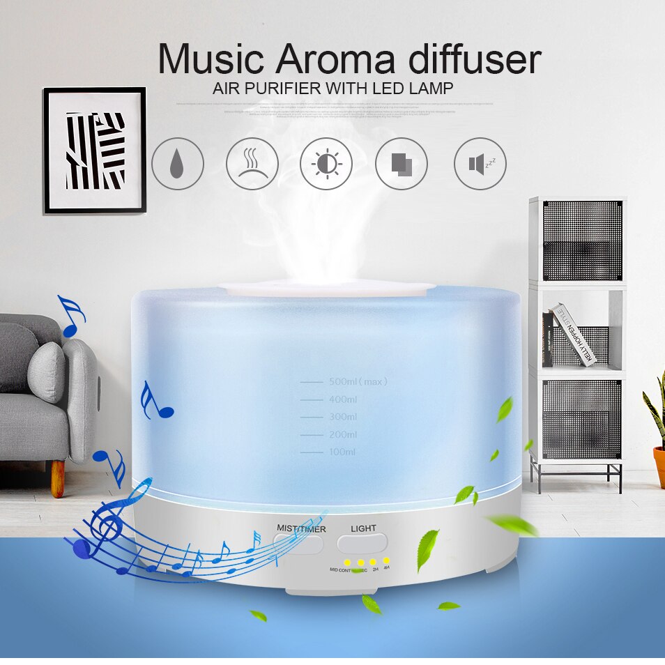 Difusor de Aroma para el hogar, Humidificador ultrasónico con luz LED que cambia de color, música, Bluetooth, 500ML, 12W