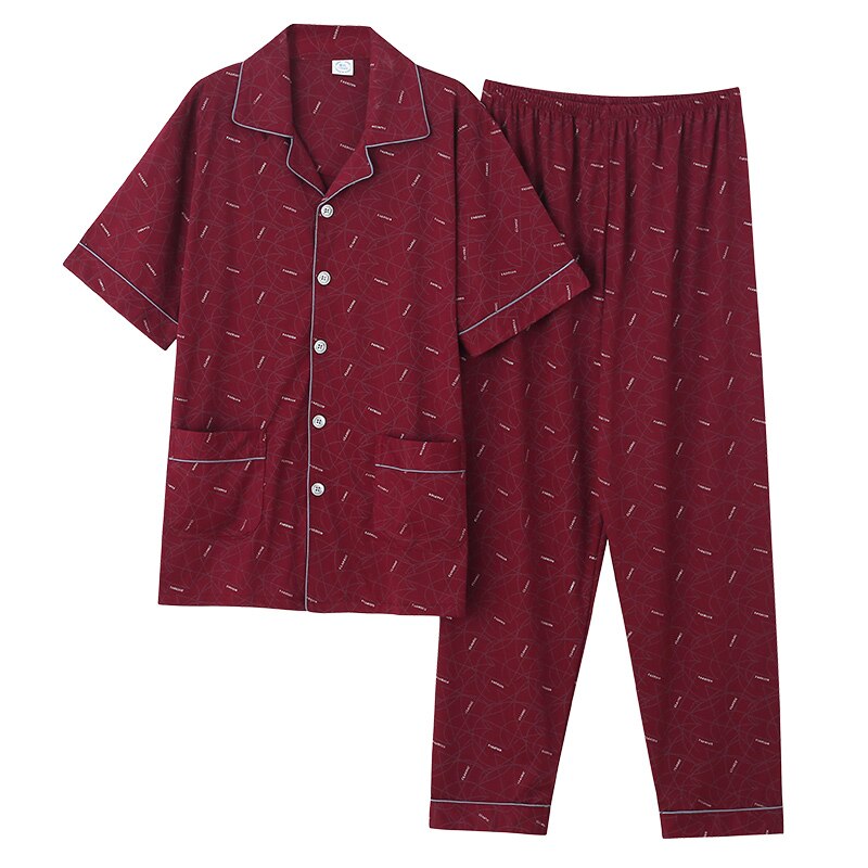 Zomer Gebreide Katoenen Mannen Pyjama Korte Mouwen Turn-Down Kraag Plus Size Pijamas Korte Tops + Lange Broek Twee delige Set Pyjama