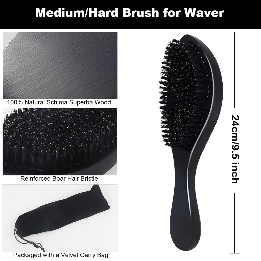 Black Hard and Medium Afro Men Good Hair Brush Curved Wood Handle Boar Bristles 360 Wave Brush Waves Cap Brushes for Man
