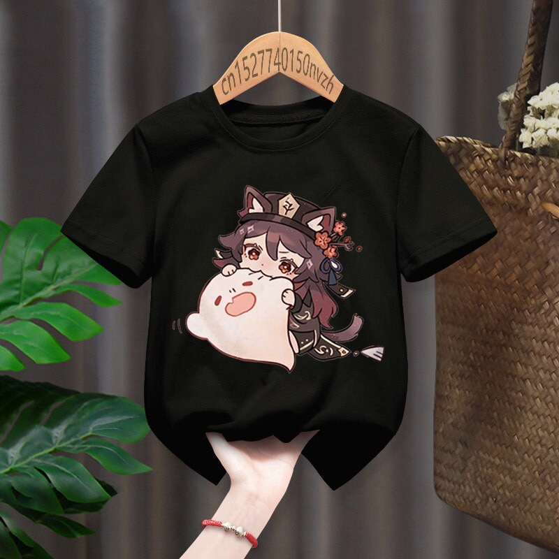 Hu Tao Genshin Impact Print Red Kid t-shirt bambini bambino nero Harajuku Kawaii vestiti ragazzo ragazza top regalo presente, nave di caduta