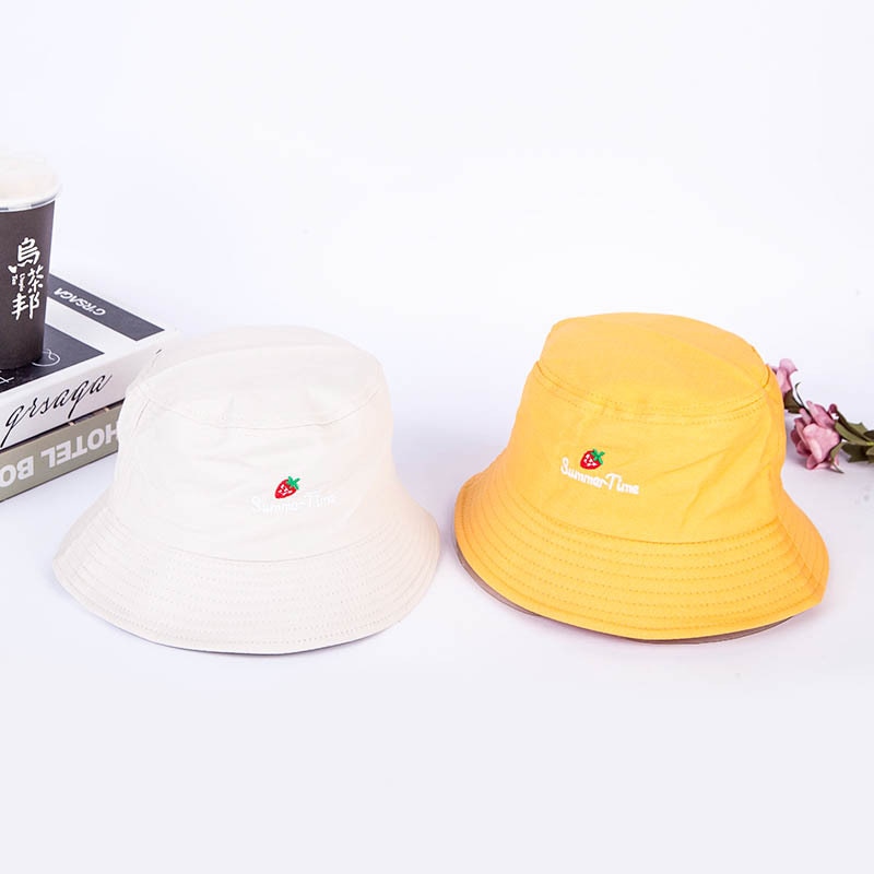 Bonito bordado de fresa con letras para chica, sombrero de pescador para mujer, y plegable, a la para actividades al aire libre, gorro de lavabo, gorro de sol, gorros
