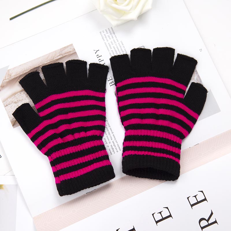 1 paar unisex zwarte strepen halve vinger vingerloze handschoenen voor dames wol gebreide pols katoenen handschoenen winter warme heren trainingshandschoenen: Fuchsia