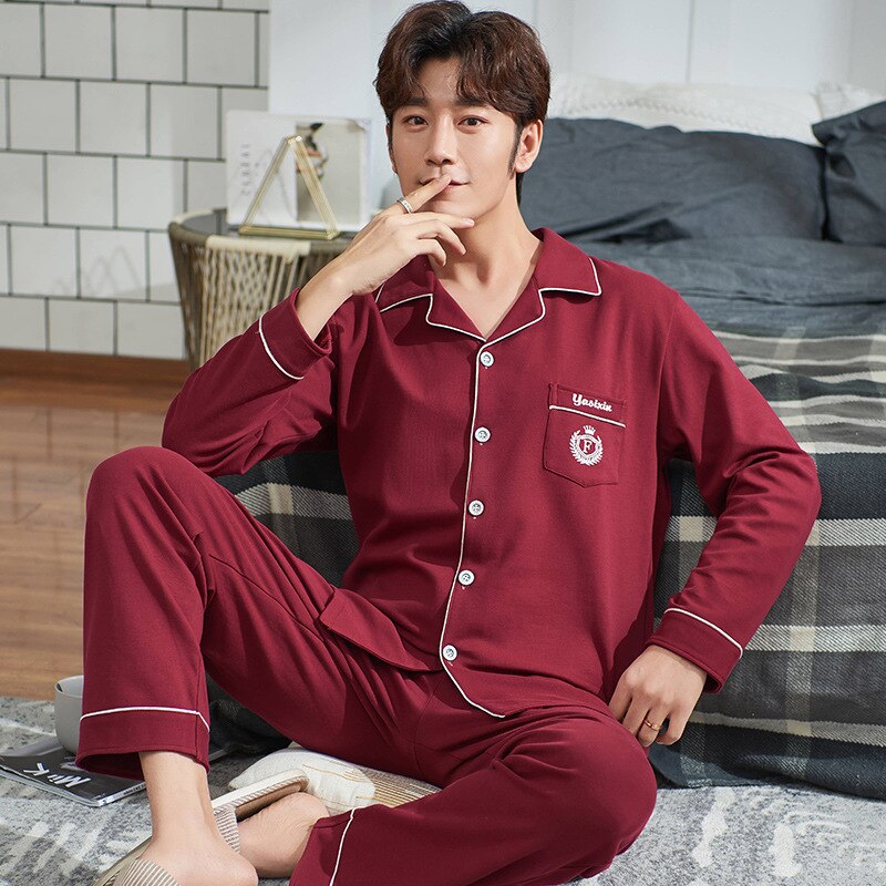 Solid Color Cotton Men Pajamas Leisure Suit May Be Outer Wear Clothing Comfortable and Breathable Autumn & Winter Fold-down Coll