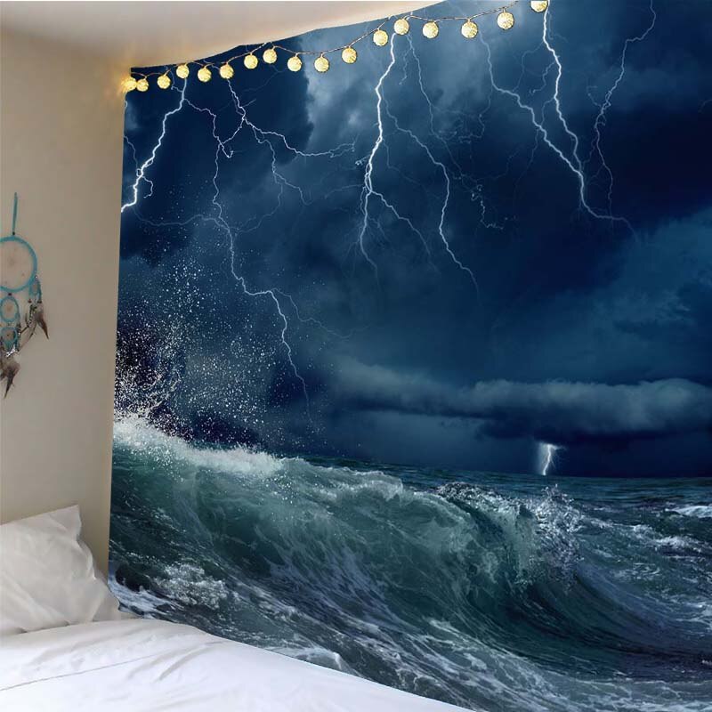 Tapiz decorativo para colgar en la pared, Ola de mar, trueno y relámpago impreso, decoración para el hogar, tapiz de pared con impresión para colgar en la Sala: 150x150cm / Style 1