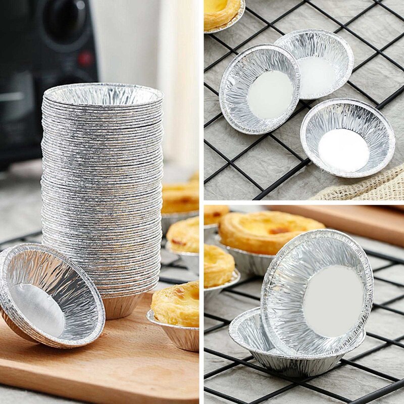 100pcs Aluminum Foil Egg Tart Pan Molds Disposable Baking Cups Round Tart Base Cupcake Case Mini Pot Pie Bake Plate Tin Tray Set